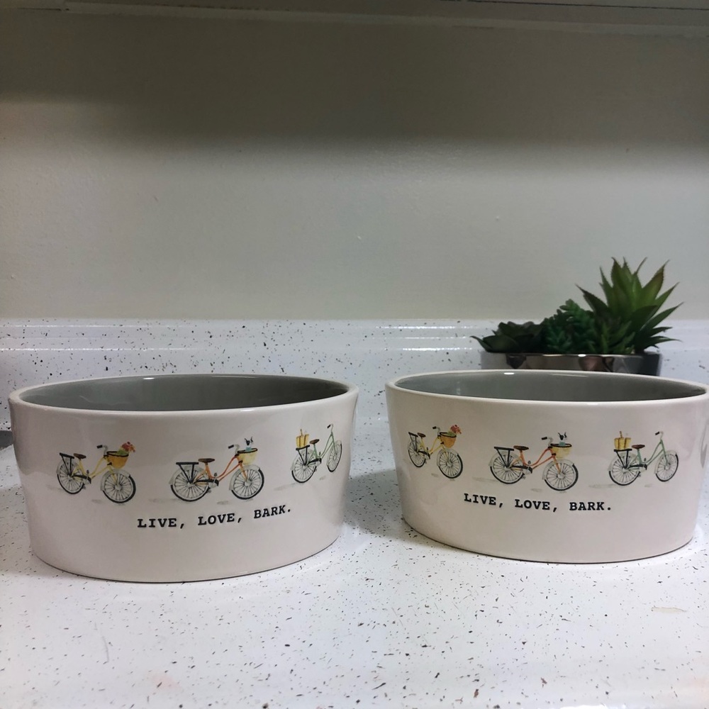 Rae Dunn Bike “Live Love Bark” Dog Bowl Set